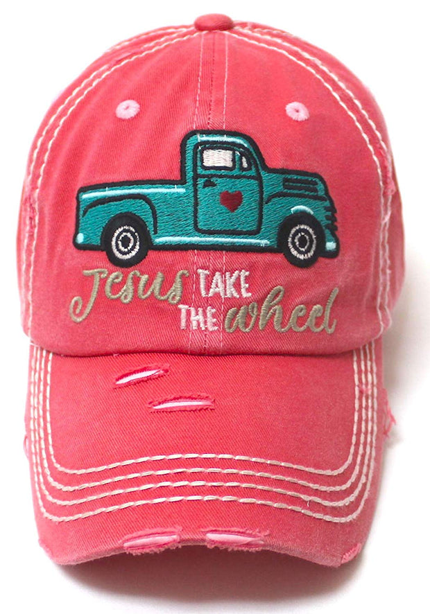 CAPS 'N VINTAGE Women's Camping Cap Jesus Take The Wheel Monogram Hippie Truck Hat, Coral Rose - Caps 'N Vintage 