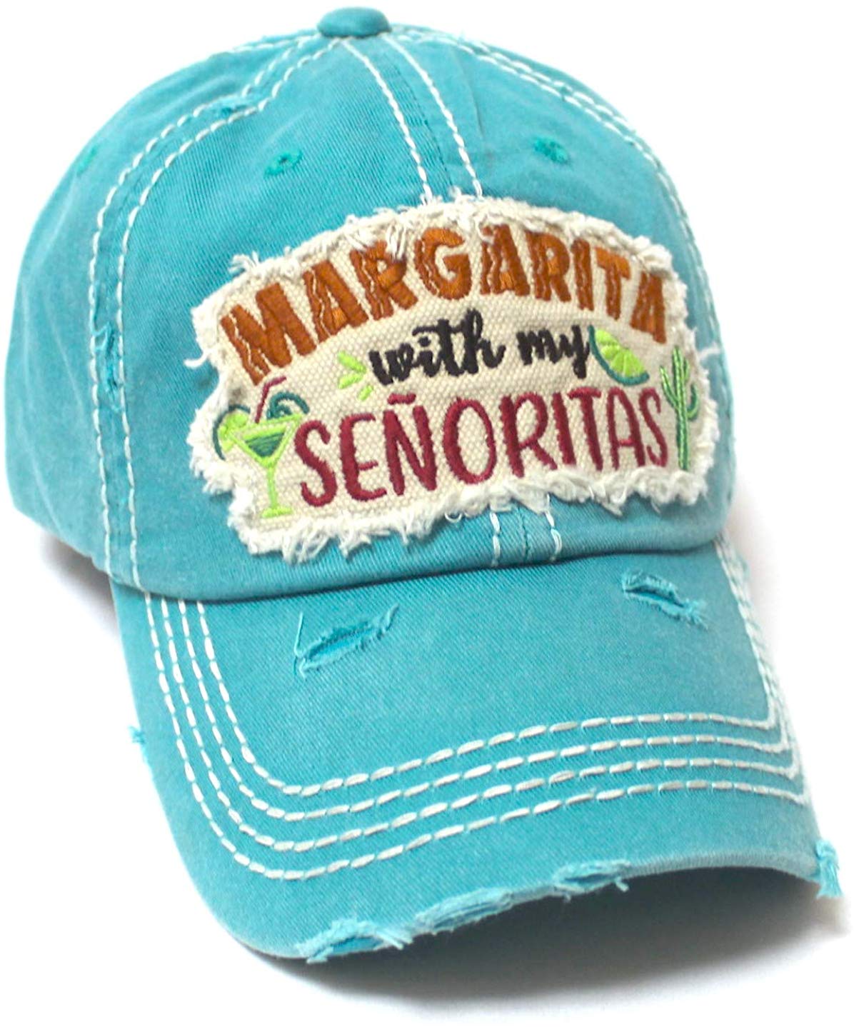 CAPS 'N VINTAGE Women's Ballcap Margarita with My Senoritas Beach Themed Patch Embroidery Hat, Turquoise Blue - Caps 'N Vintage 