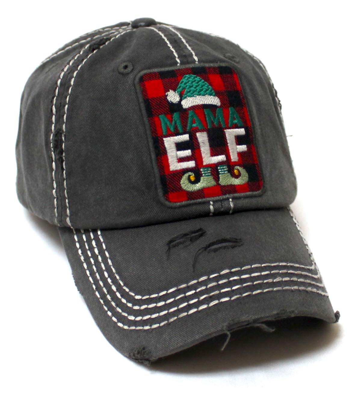 Women's Christmas Baseball Cap Mama ELF Buffalo Check Plaid Pattern Patch Embroidery Monogram Hat, Vintage Holiday Black
