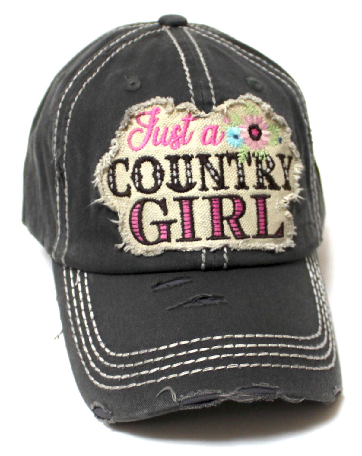 Women's Summer Cap Just a Country Girl Spring Floral Patch Embroidery Adjustable Hat, Vintage Black - Caps 'N Vintage 