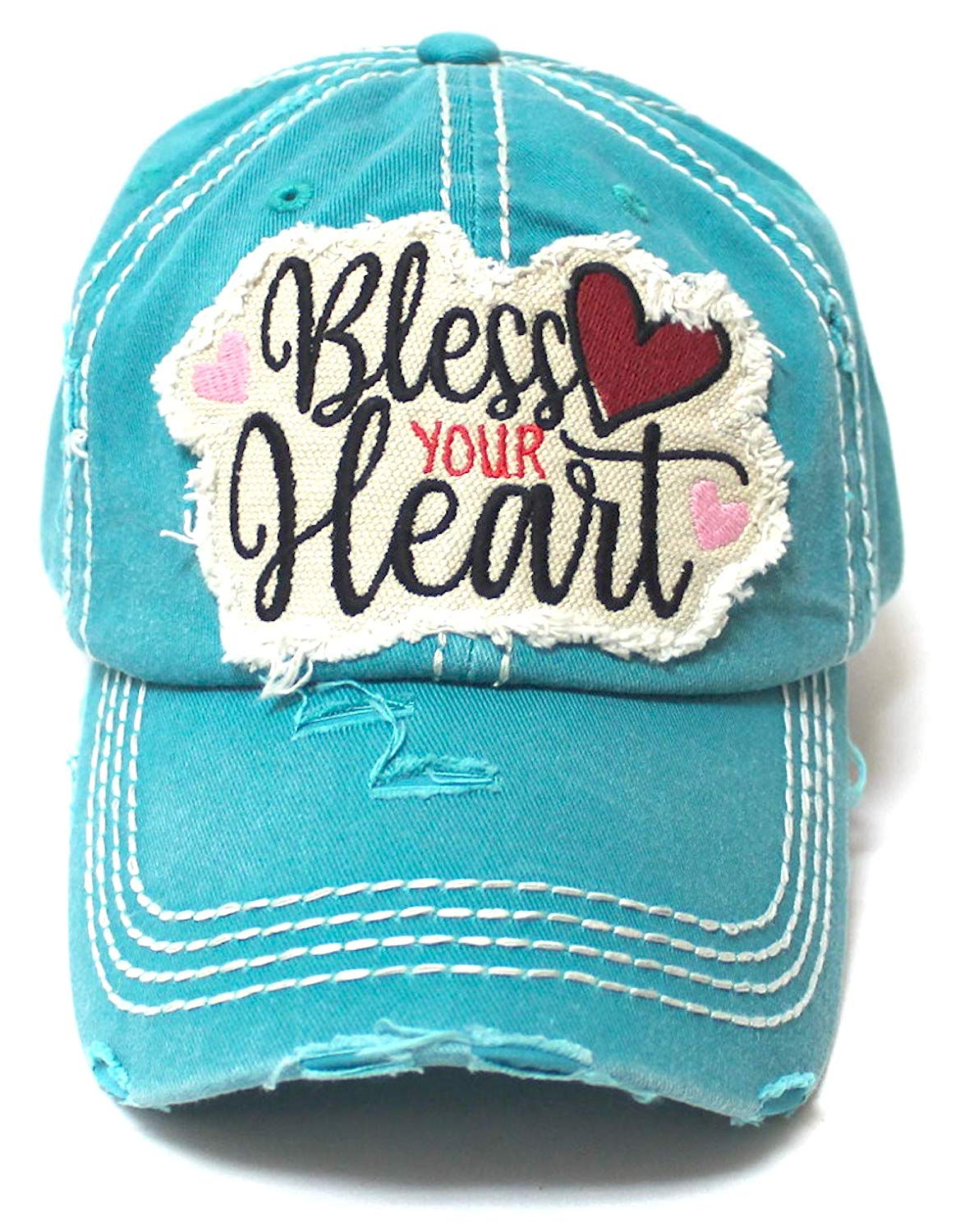 Women's Ballcap Bless Your Heart Monogram Patch Embroidery Hat w/Heart Shape Decoration, Turquoise - Caps 'N Vintage 