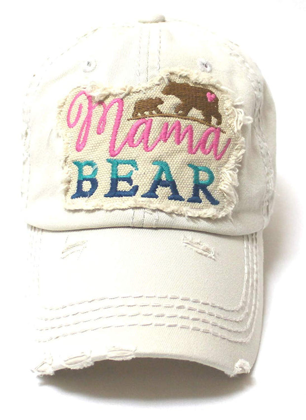 Women's Camping Cap Mama Bear & Cub Love Patch Embroidery Hat, Stone Ivory - Caps 'N Vintage 
