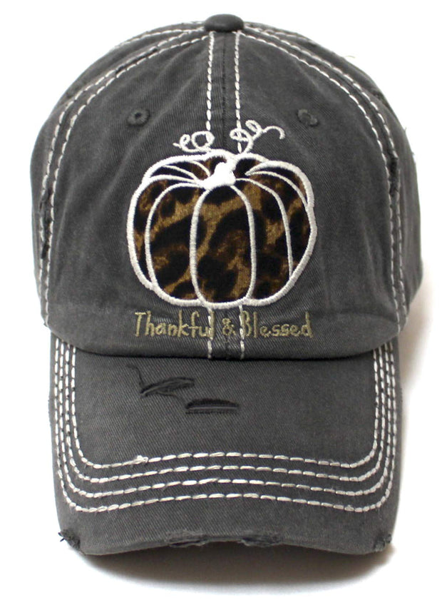 Women's Thankful & Blessed Baseball Cap Leopard Print Pumpkin Patch Embroidery Monogram Hat, Vintage Holiday Black