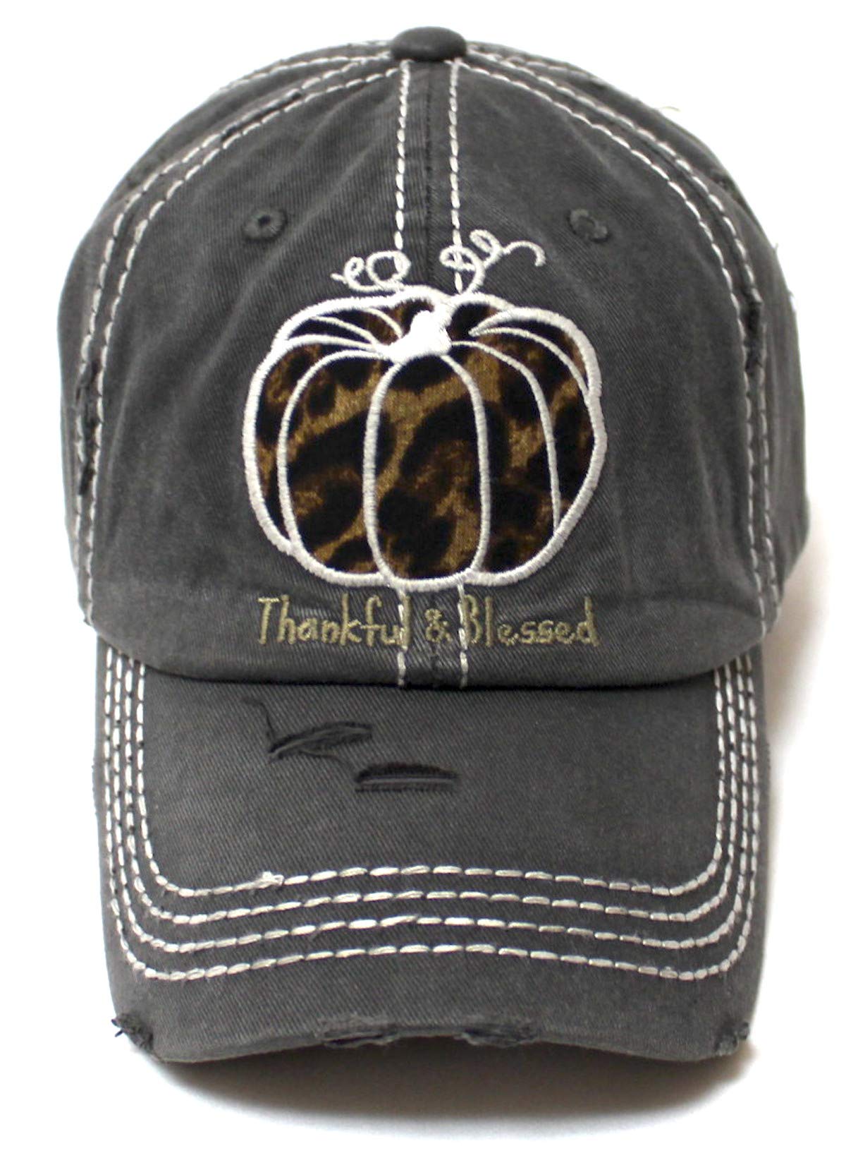 Women's Thankful & Blessed Baseball Cap Leopard Print Pumpkin Patch Embroidery Monogram Hat, Vintage Holiday Black