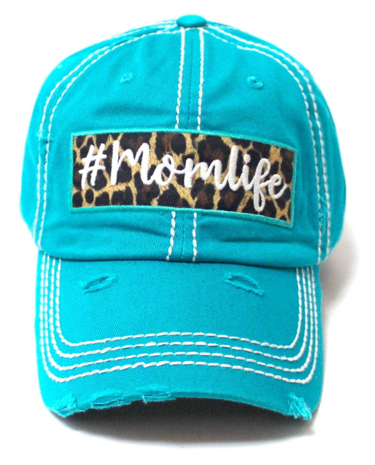 CAPS 'N VINTAGE Women's Distressed Cap #Momlife Leopard Print Patch Embroidery Monogram Hat, California Beach Blue - Caps 'N Vintage 