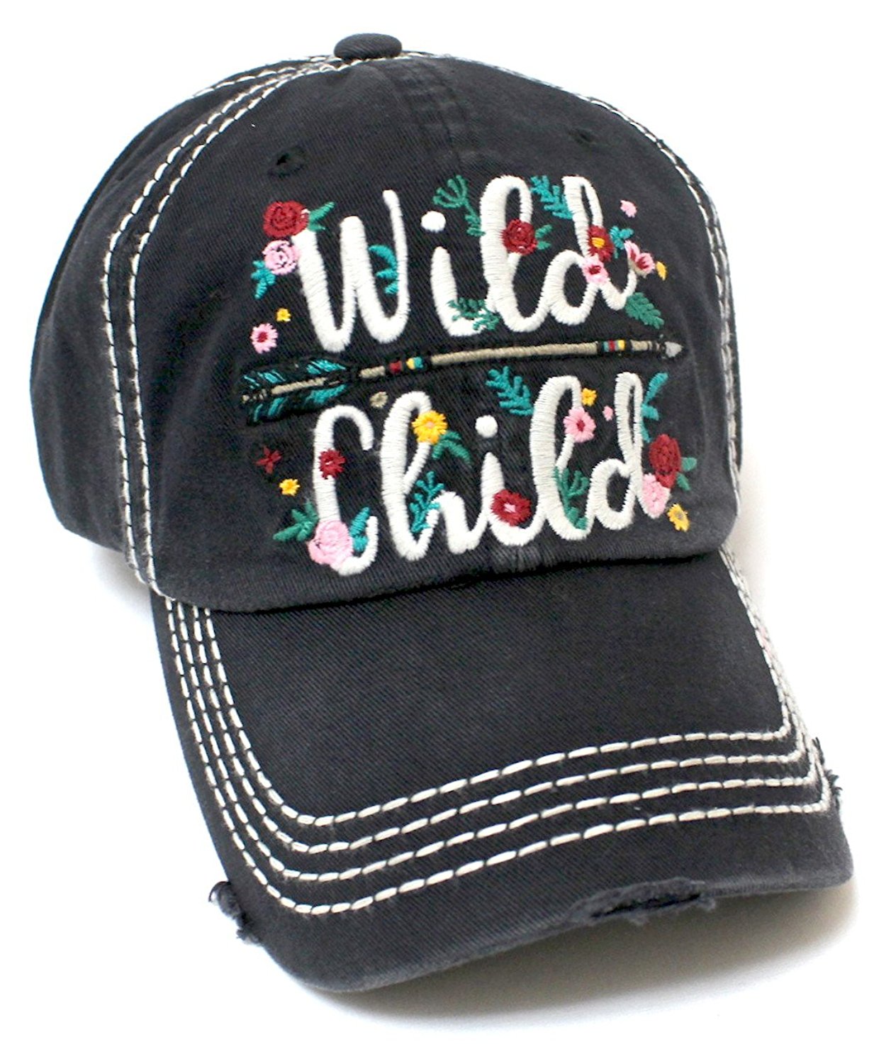 New!! Black Wild Child Floral Arrow Embroidery Cap - Caps 'N Vintage 