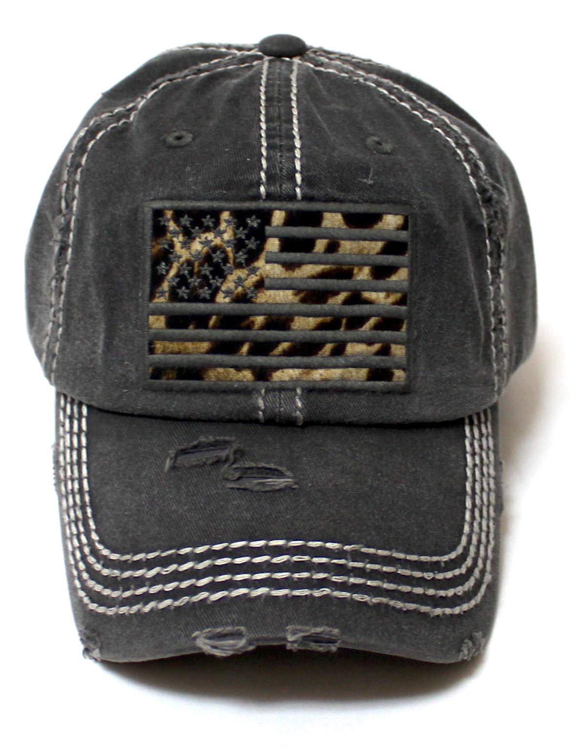 Women's Adjustable Baseball Cap Leopard Patch Embroidery American USA Flag Hat, Vintage Black