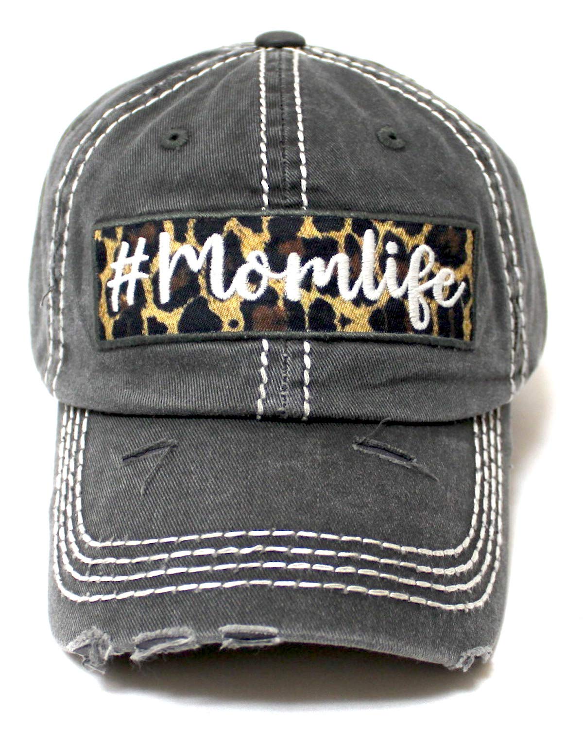 Women's Distressed Cap # Momlife Leopard Print Patch Embroidery Monogram Hat, Vintage Black - Caps 'N Vintage 