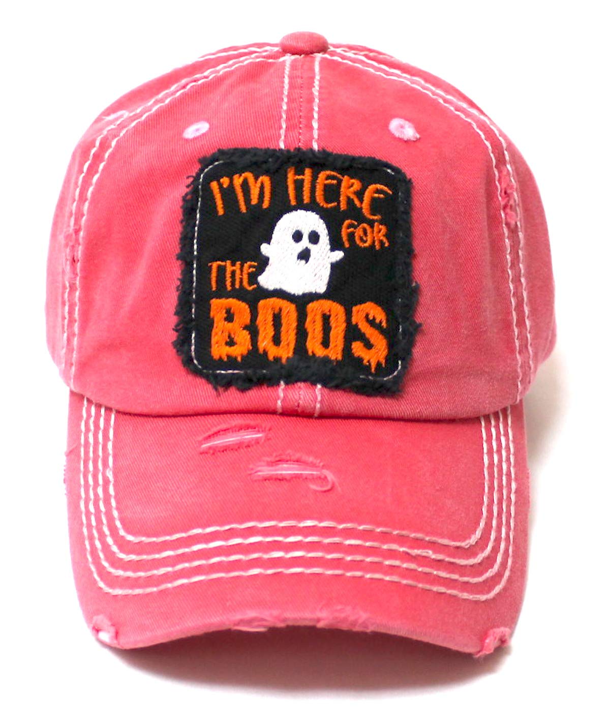 Women's Vintage Baseball Cap I'm Here for The Boos Halloween Spirit Patch Embroidery Hat, Pumpkin Rose Pink