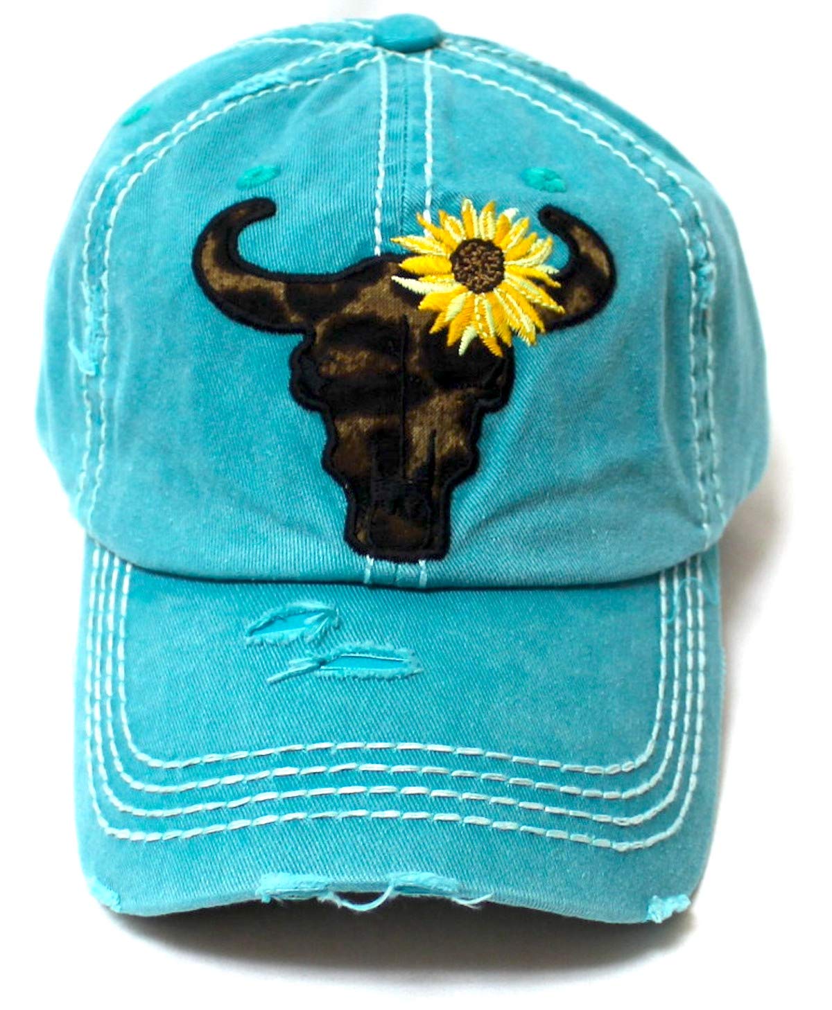 Women's Leopard Print Cow Skull Sunflower Monogram Embroidery Adjustable Hat, Jewel Turquoise