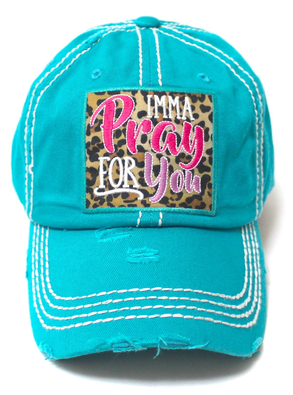 Women's Christian Themed Imma Pray for You Leopard Monogram Patch Embroidery Baseball Hat, Vintage Turquoise - Caps 'N Vintage 