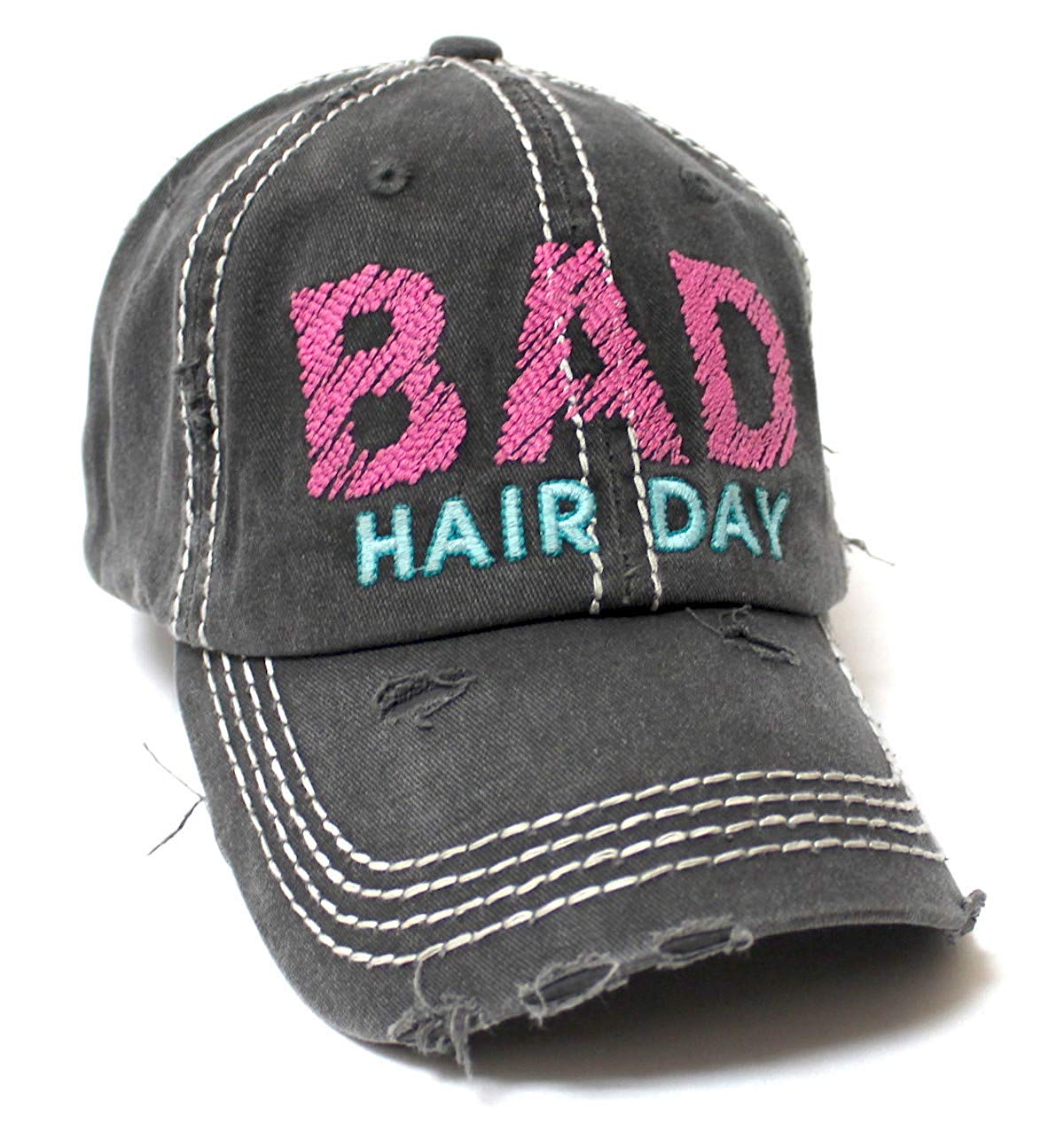 CAPS 'N VINTAGE Bad Hair Day Stitch Embroidery Distressed Baseball Hat, Charcoal Black - Caps 'N Vintage 