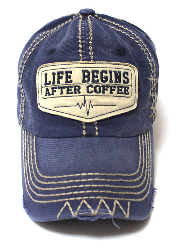 Classic Varsity Ball Cap Life Begins After Coffee Patch Embroidery Hat, Navy Blue - Caps 'N Vintage 