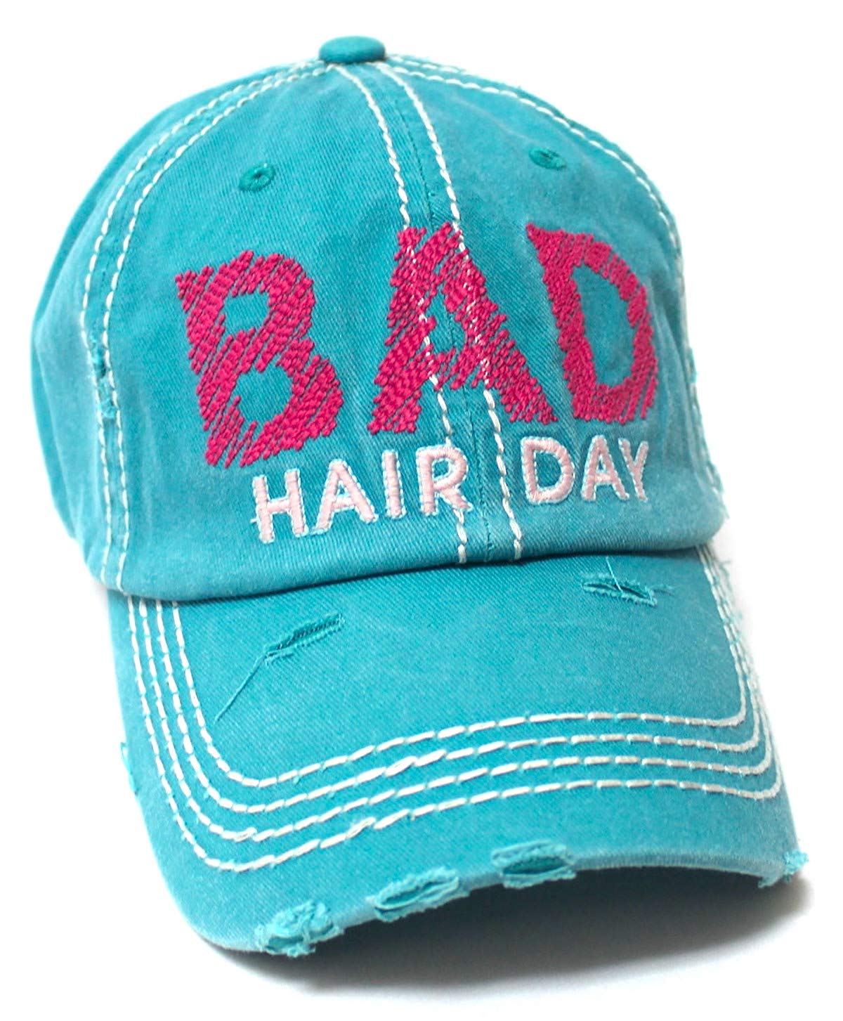 CAPS 'N VINTAGE Bad Hair Day Stitch Embroidery Distressed Baseball Hat, Turquoise Blue - Caps 'N Vintage 