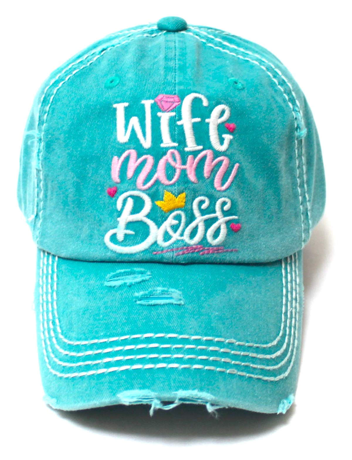 Women's Vintage Baseball Cap Wife, Mom, Boss Crown Diamond Hearts Monogram Embroidery Hat, Beach Turquoise
