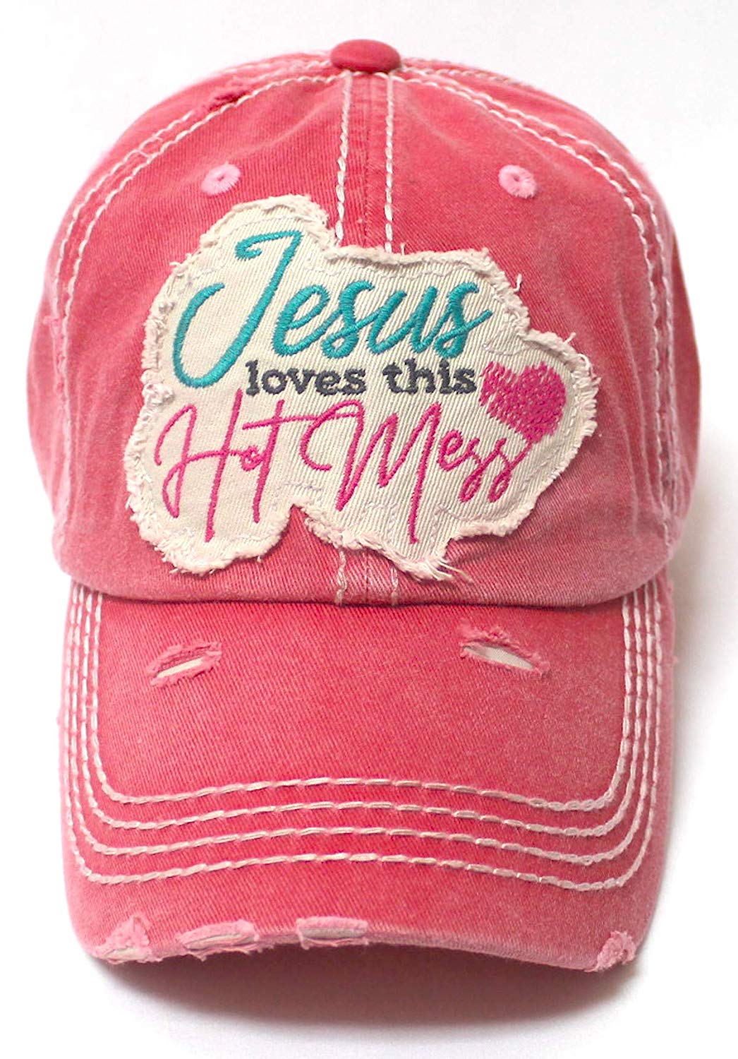 Women's Baseball Cap Jesus Loves This Hot Mess Heart Patch Embroidery Hat, Rose Pink - Caps 'N Vintage 