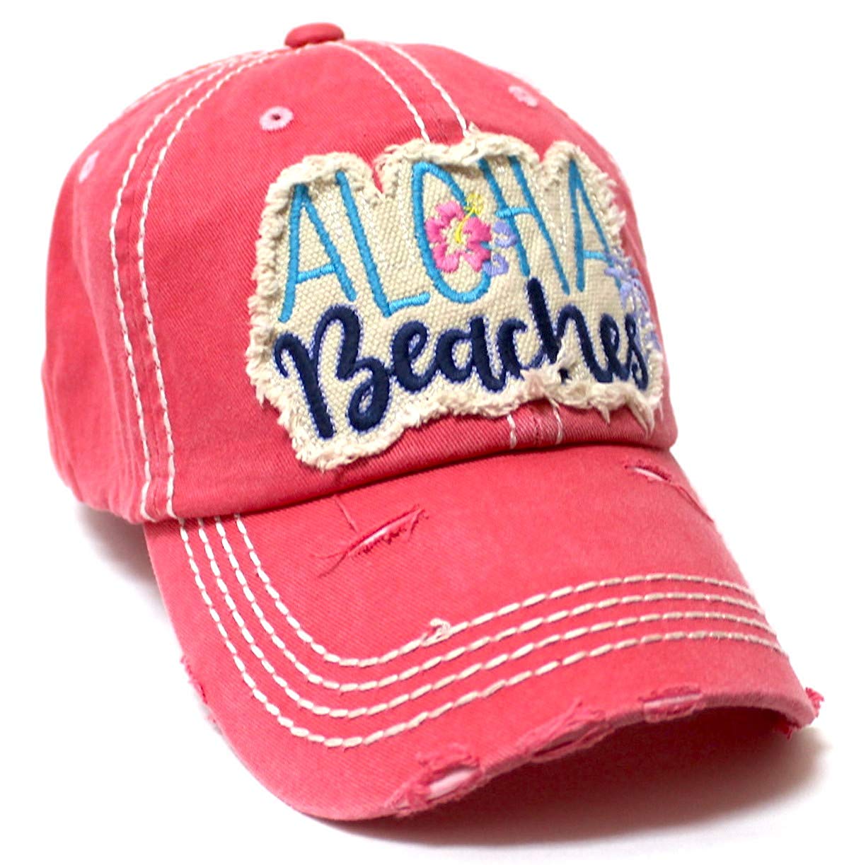 Aloha Beaches Patch Embroidery Distressed Baseball Hat, Coral Rose - Caps 'N Vintage 