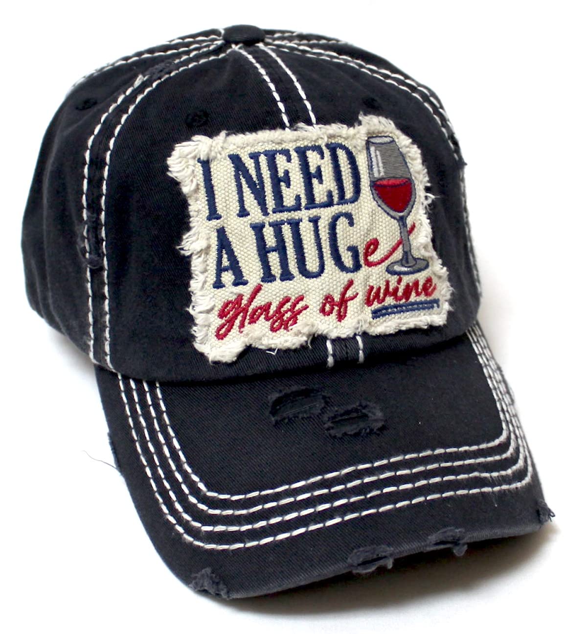 Women's Hat I Need a Hug, Huge Glass if Wine Patch Embroidery Distressed Vintage Cap, Black