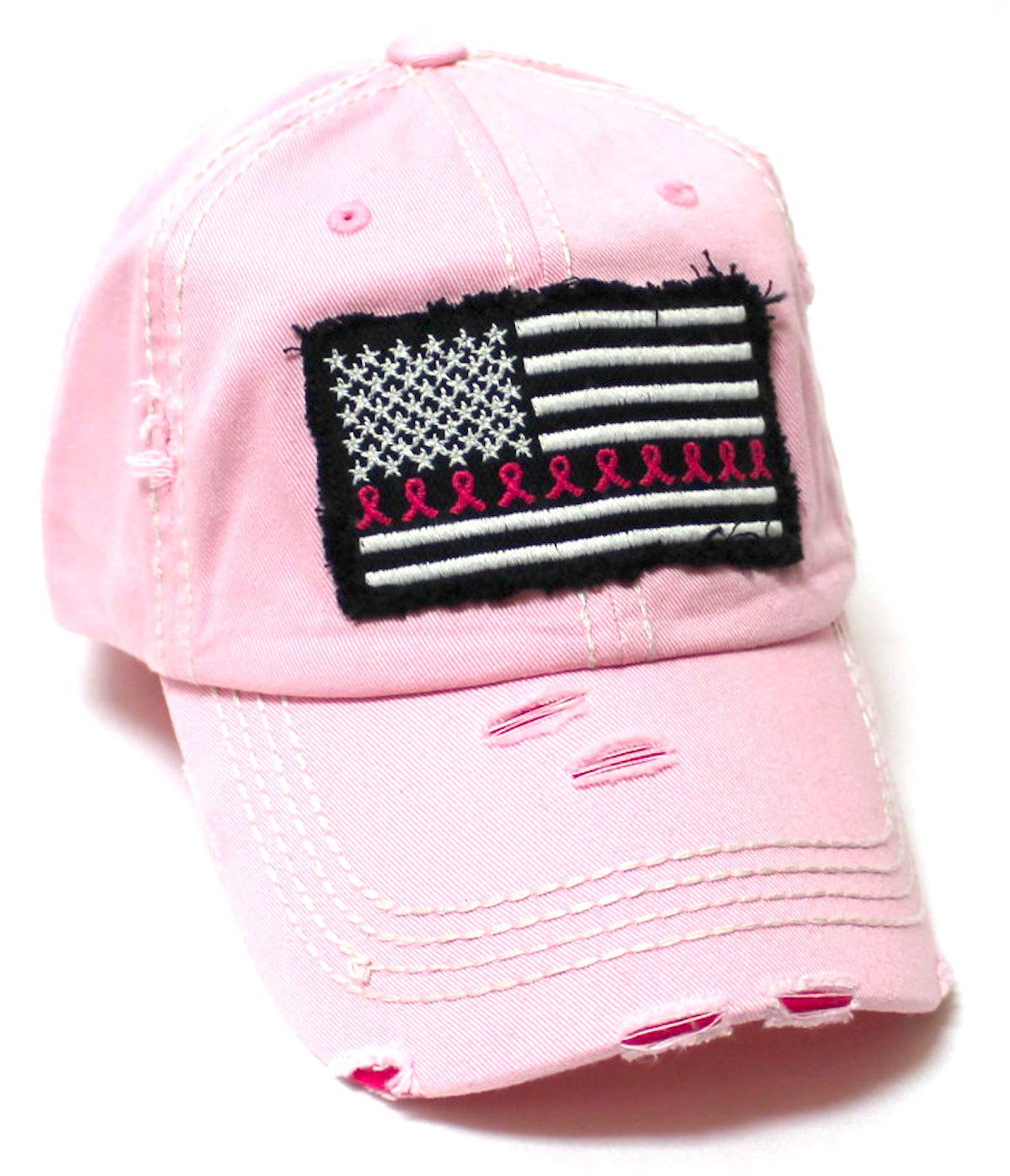 Women's Breast Cancer Awareness Baseball Cap American Flag, Pink Ribbons Patch Embroidery Monogram Hat, Pretty in Pink