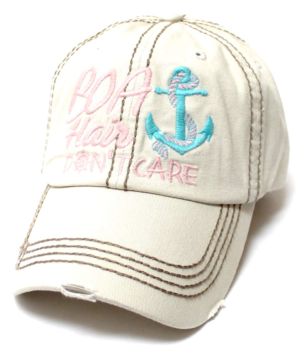 Beach Ballcap Boat Hair Don't Care Lake-Themed Monogram Vintage Hat, Stone - Caps 'N Vintage 