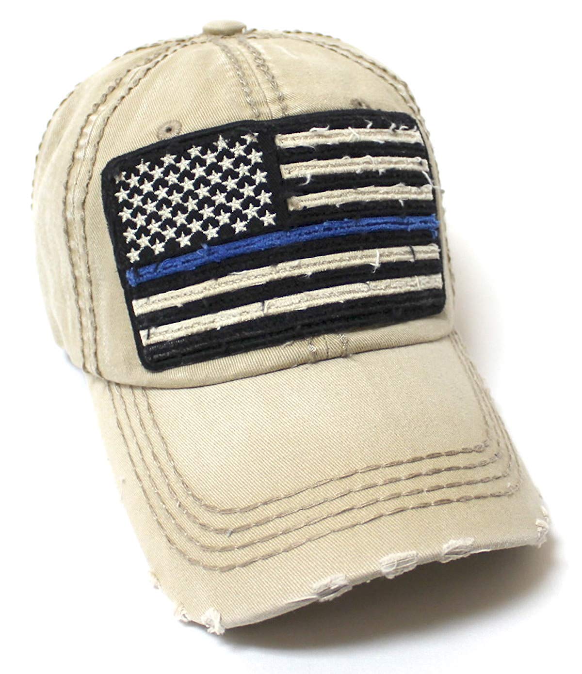 Classic Ballcap Blue Line Patriotic USA Police Department Memorial American Flag Vintage Hat, Khaki - Caps 'N Vintage 