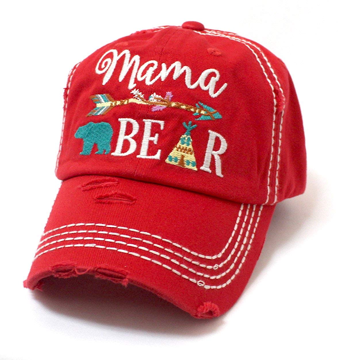 Ruby Red Mama Bear Vintage Hat w/Tribal Teepee & Arrow - Caps 'N Vintage 