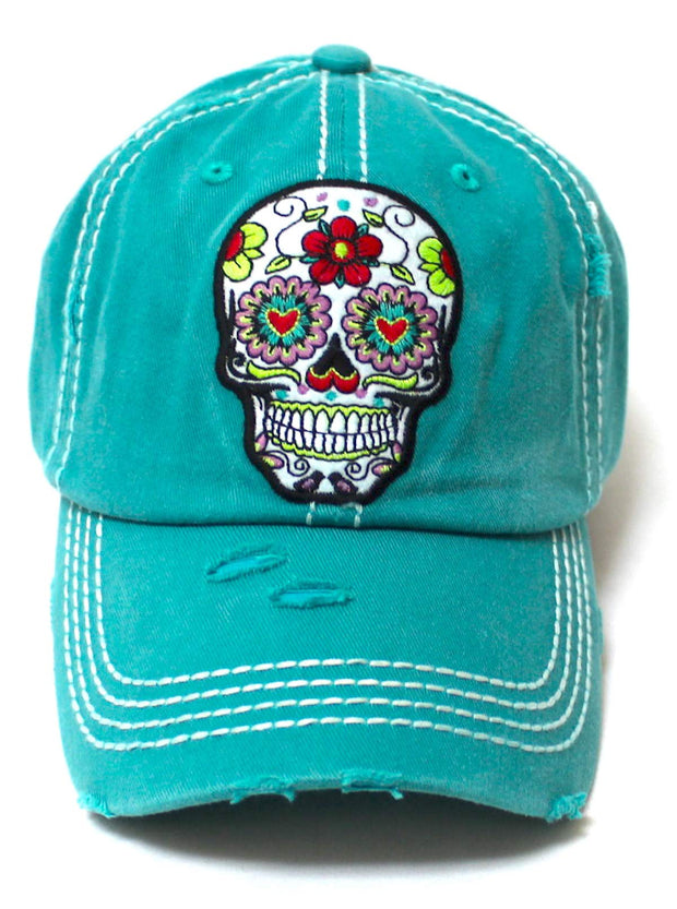 Women's Vintage Hat Sugar Skull Monogram Patch Embroidery Baseball Cap, California Jewel Turquoise