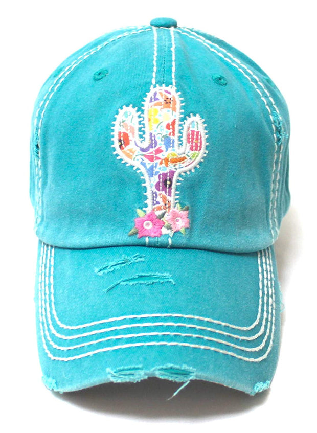 Cactus Floral Patchwork Embroidery Baseball Cap w/Monogram Bloom Detail, Turquoise - Caps 'N Vintage 