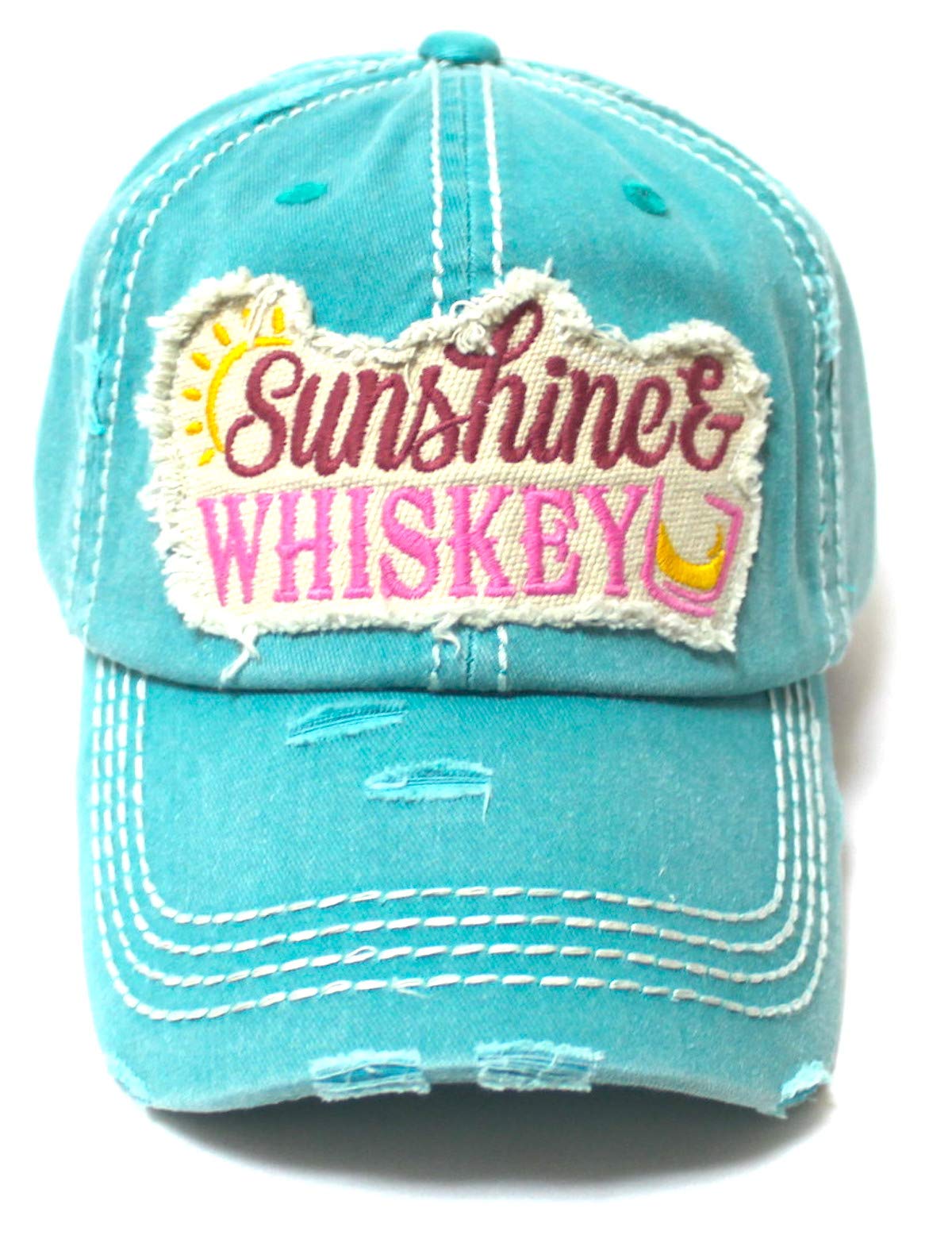 Women's Beach Hat Sunshine Fun Patch Embroidery Monogram Ballcap, Ocean Turquoise - Caps 'N Vintage 