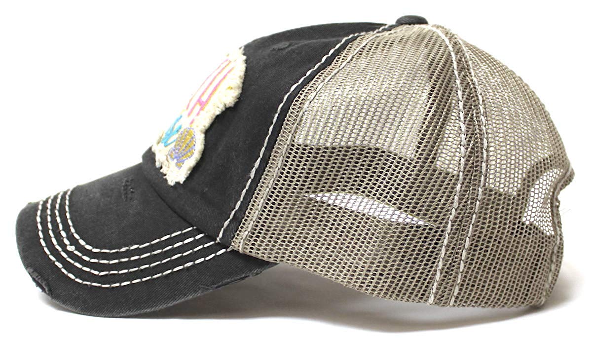 Women's Vintage Trucker Hat Beach Please Patch Embroidery Graphic, Blk - Caps 'N Vintage 
