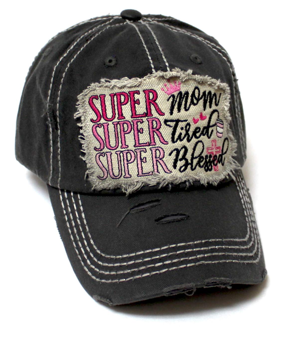 Women's Baseball Cap Super Mom, Super Tired, Super Blessed Patch Embroidery Hat, Vintage Black