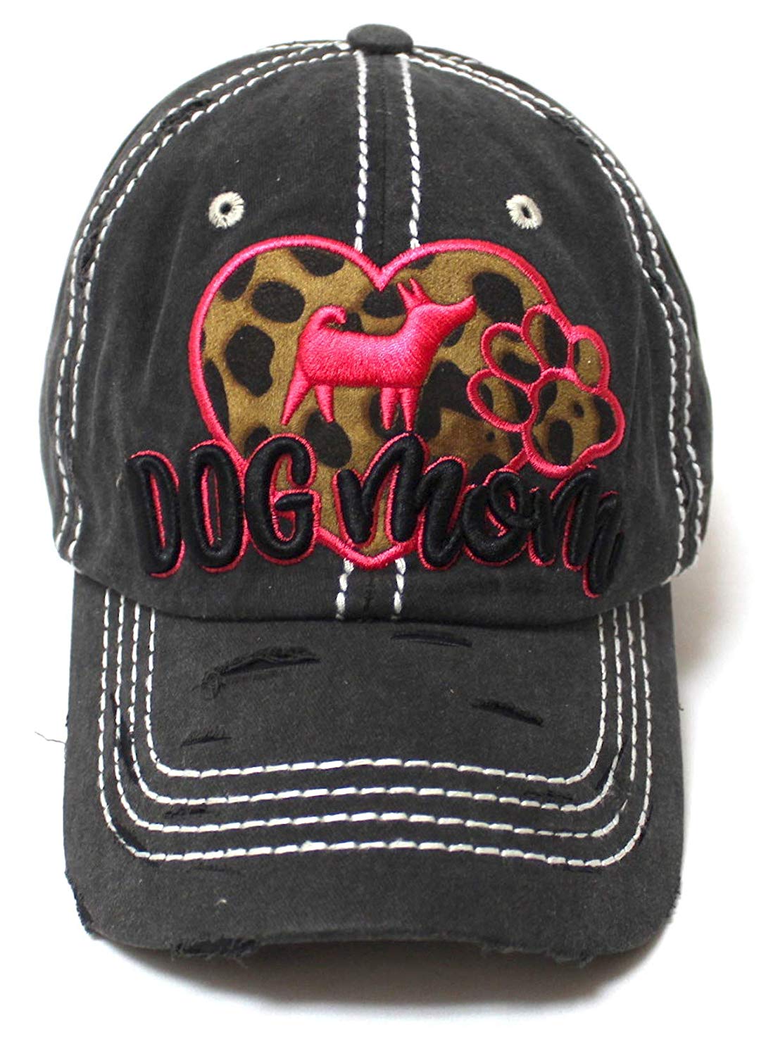 Leopard Print Heart, Dog Mom Monogram Embroidery, Paw Print Embroidery Adjustable Hat, Vintage Black - Caps 'N Vintage 