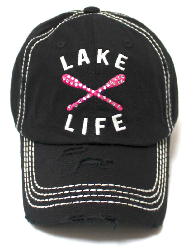 Women's Vintage Beach Cap Lake Life Embellished Boat Paddles Monogram Embroidery Hat, Black - Caps 'N Vintage 