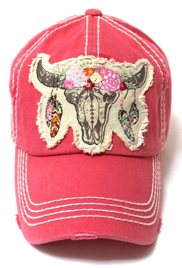 Women's Floral Cow Skull Patch Embroidery Vintage Baseball Hat, Rose Pink - Caps 'N Vintage 