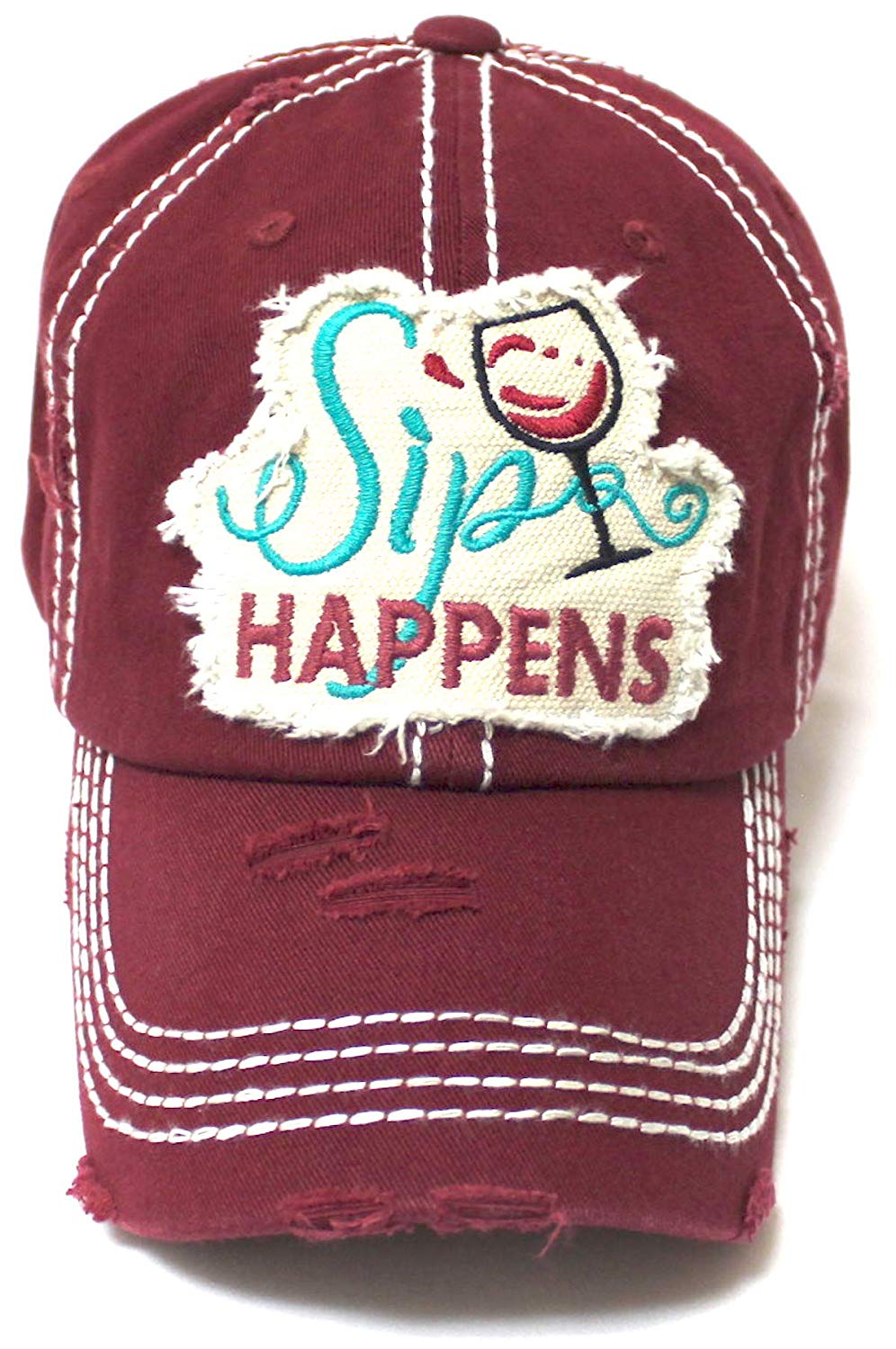 CAPS 'N VINTAGE Women's Baseball Cap Wine Glass Sip Happens Monogram Embroidery Hat, Wine Red - Caps 'N Vintage 