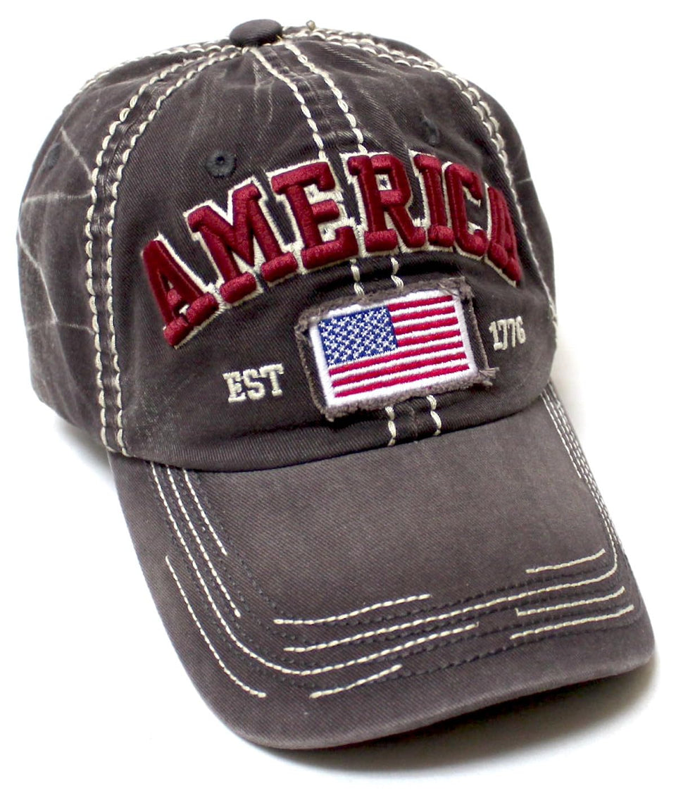 Unisex Vintage America EST. 1776 Flag Embroidery Baseball Hat, Charcoal Grey - Caps 'N Vintage 
