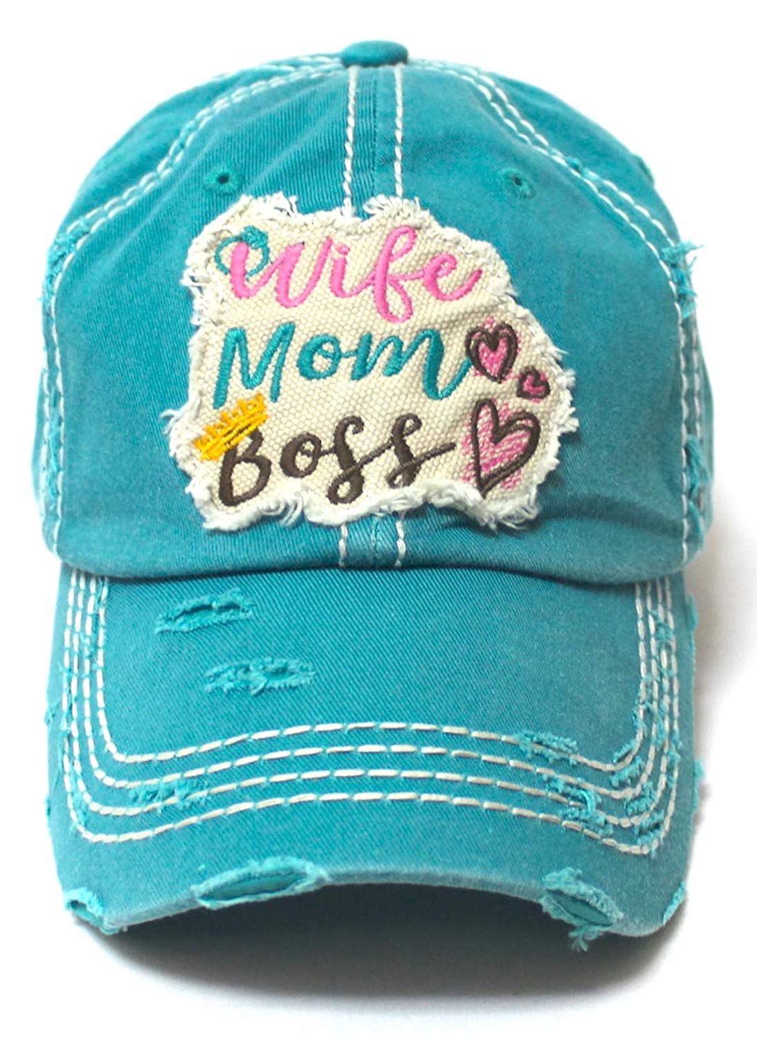 Women's Ballcap Wife, Mom, Boss Patch Embroidery Vintage Hat, Jewel Turquoise - Caps 'N Vintage 