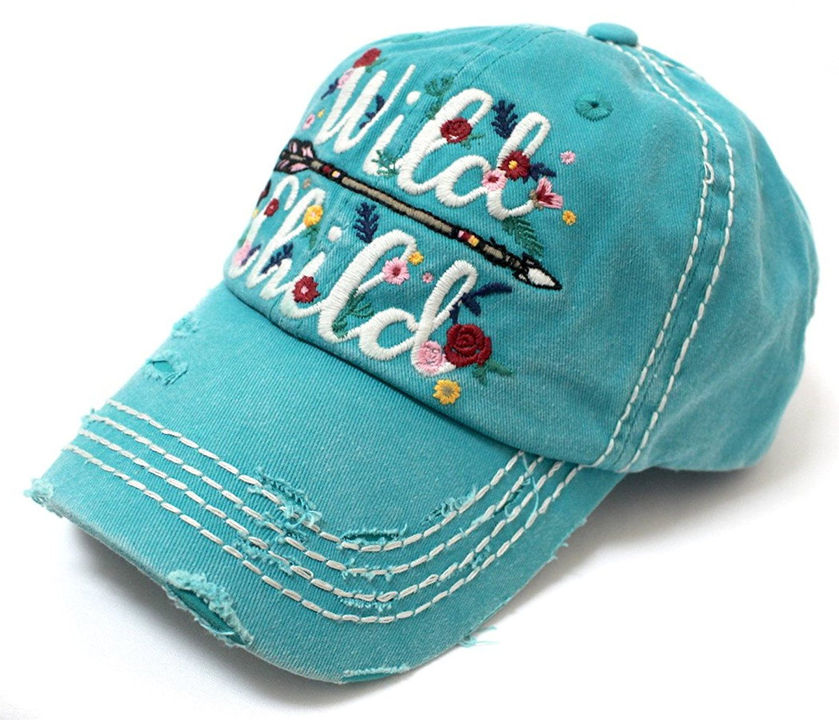 CAPS 'N VINTAGE New!! Turquoise Wild Child Floral Arrow Embroidery Cap - Caps 'N Vintage 