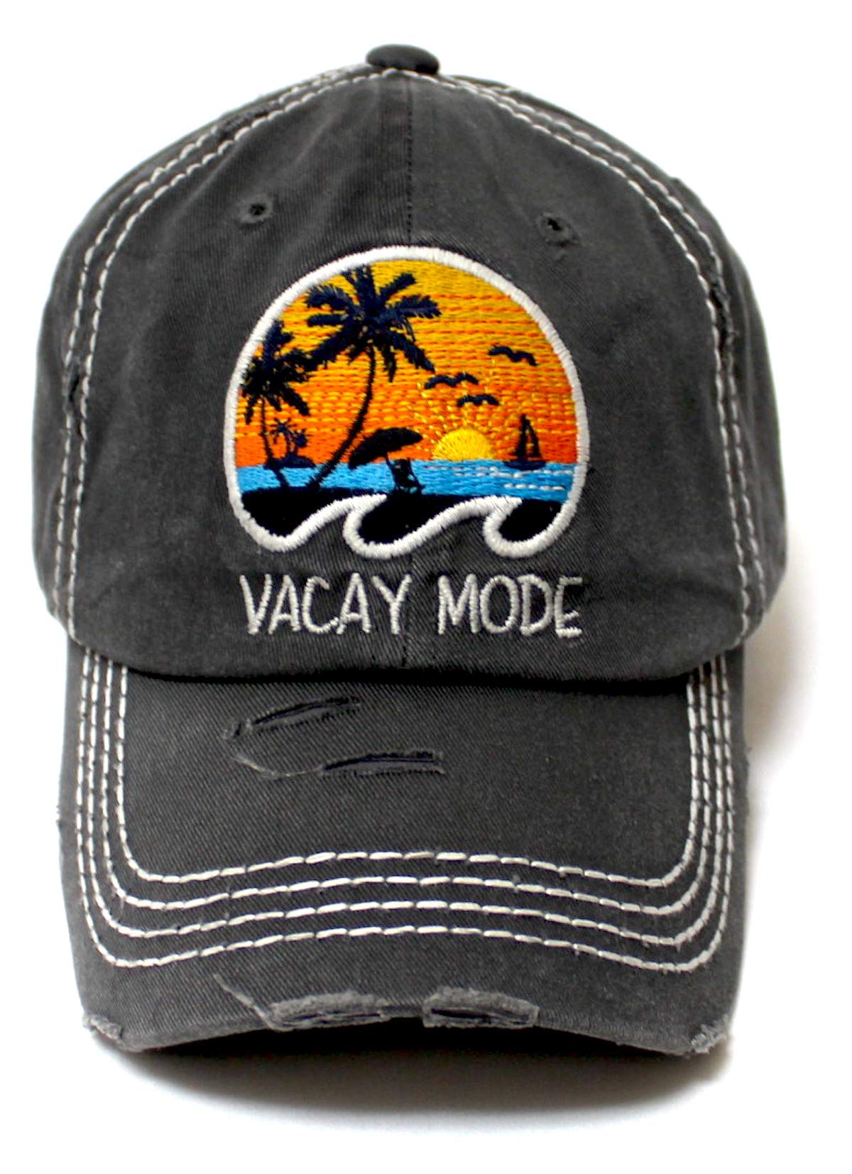 Classic Distressed Adjustable Baseball Cap Vacay Mode Surf, Sun & Ocean Wave Monogram Hat, Vintage Black - Caps 'N Vintage 