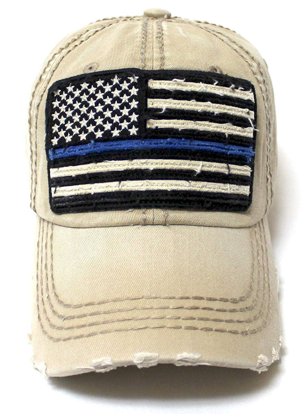 Classic Ballcap Blue Line Patriotic USA Police Department Memorial American Flag Vintage Hat, Khaki - Caps 'N Vintage 