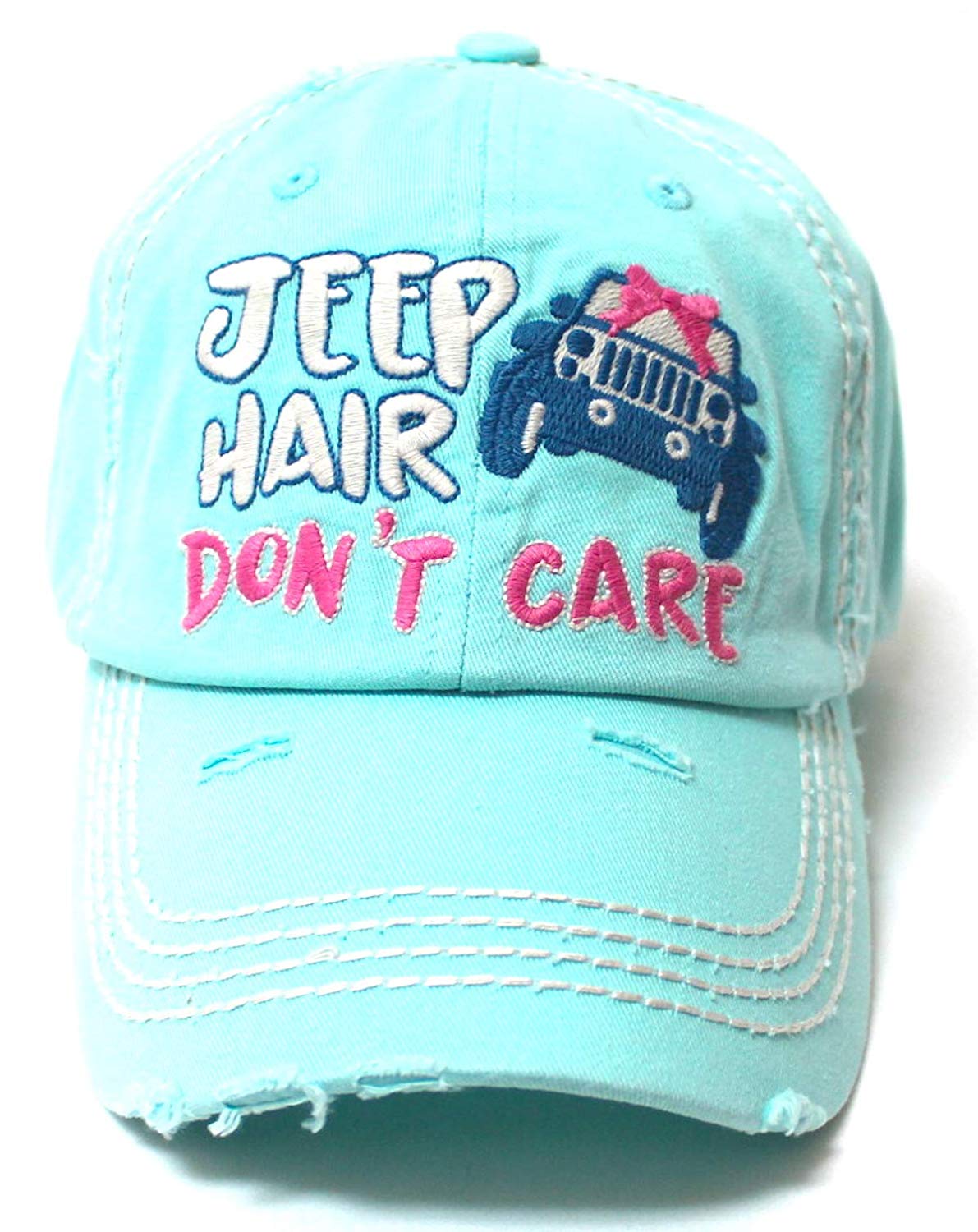 Ladies Bow-Tie Jeep Hair Don't Care Monogram Cheer Baseball Hat, Ice Mint Blue - Caps 'N Vintage 