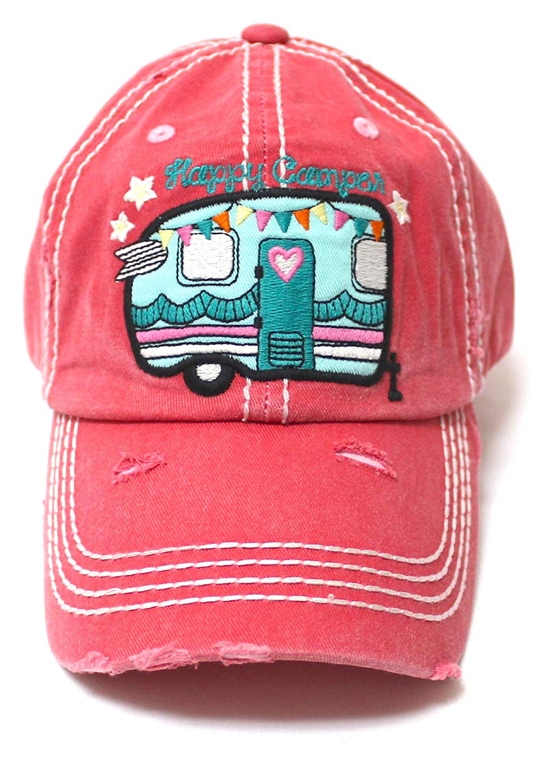 Camping Ballcap Happy Camper RV Truck, Hearts & Stars Patch Embroidery Hat, Rose Pink - Caps 'N Vintage 