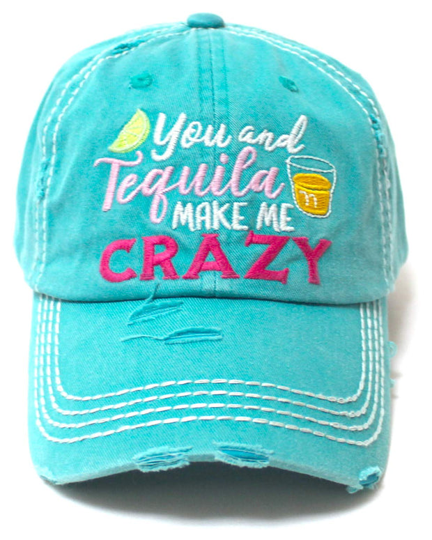 Women's Vintage Beach Cap You Make Me Crazy Lime & Margs Monogram Embroidery Baseball Hat, Turquoise - Caps 'N Vintage 