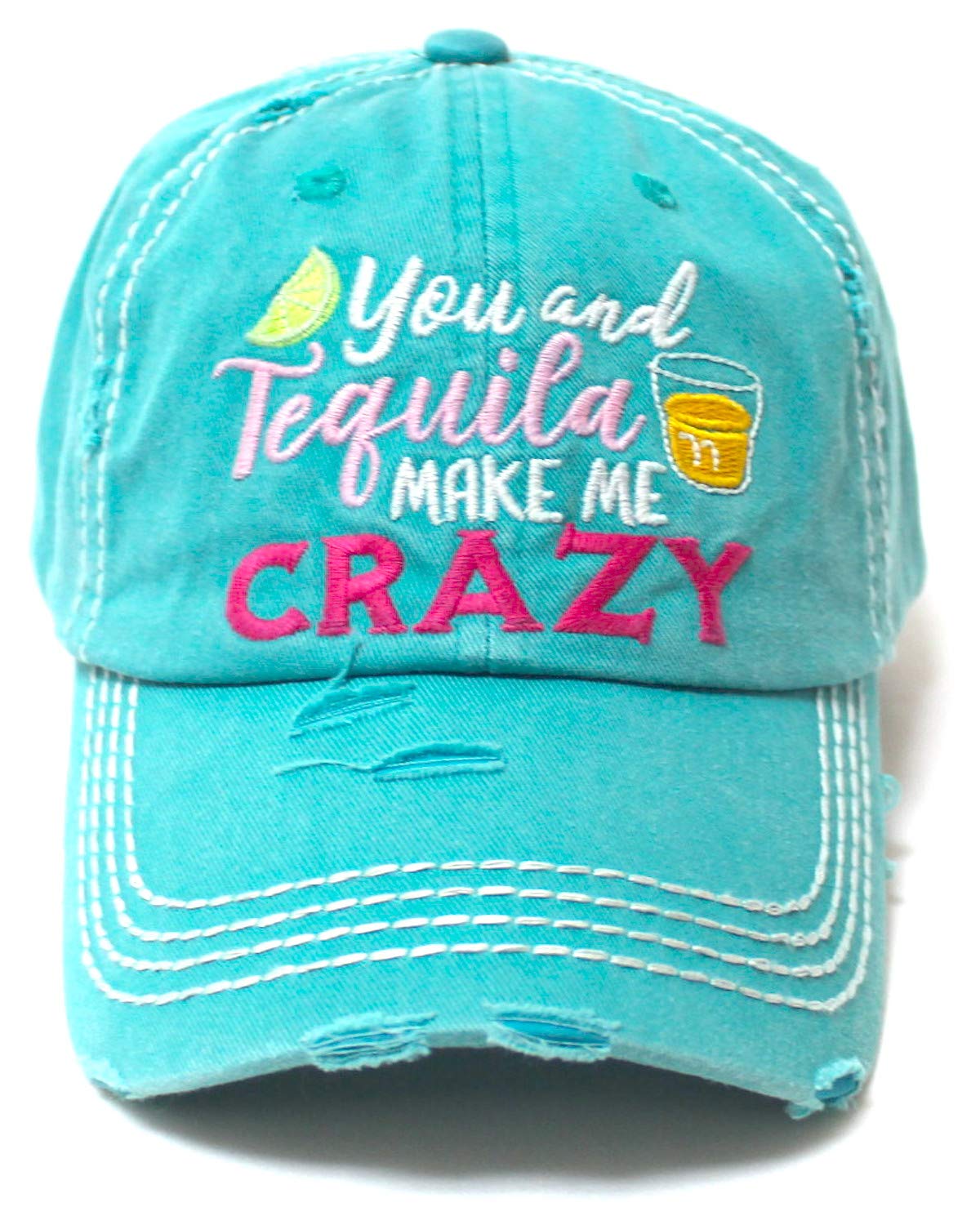 Women's Vintage Beach Cap You Make Me Crazy Lime & Margs Monogram Embroidery Baseball Hat, Turquoise - Caps 'N Vintage 