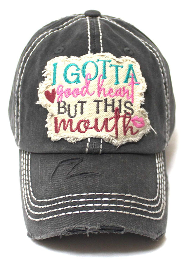 Women's Distressed Ballcap I Gotta Good Heart but This Mouth Hearts, Kisses Patch Embroidery Hat, Vintage Black - Caps 'N Vintage 
