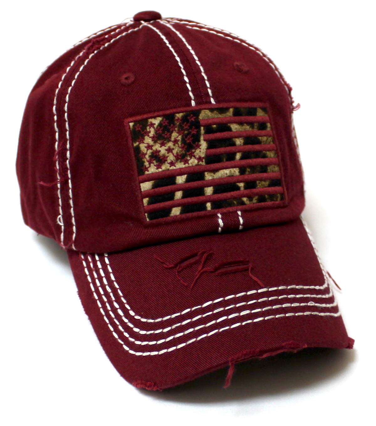 Women's Adjustable Baseball Cap Leopard Patch Embroidery American USA Flag Hat, Vintage Wine Burgundy