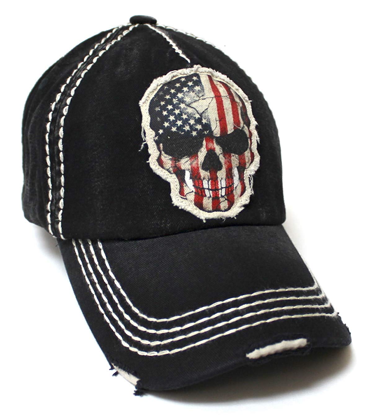Classic Ballcap American Flag Skull Patch Embroidery Vintage Hat, Black - Caps 'N Vintage 