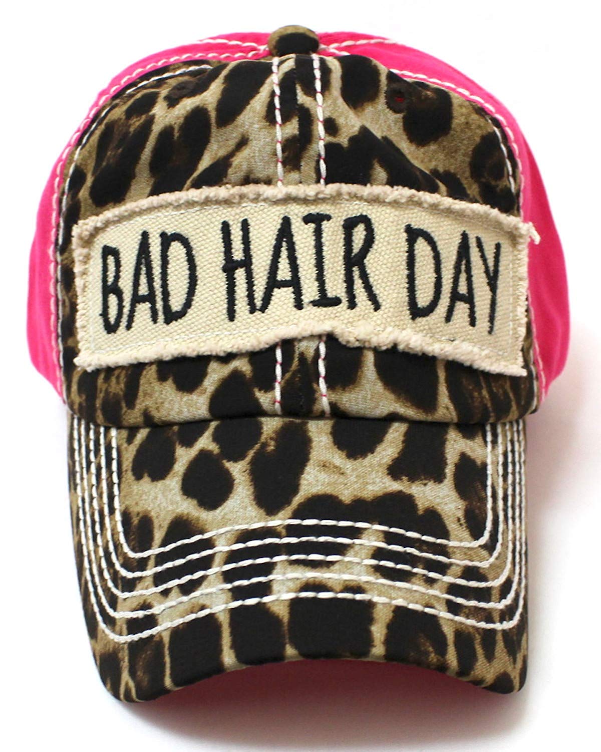 NEW!! Leopard/Pink"BAD HAIR DAY" Patch Embroidery Hat - Caps 'N Vintage 
