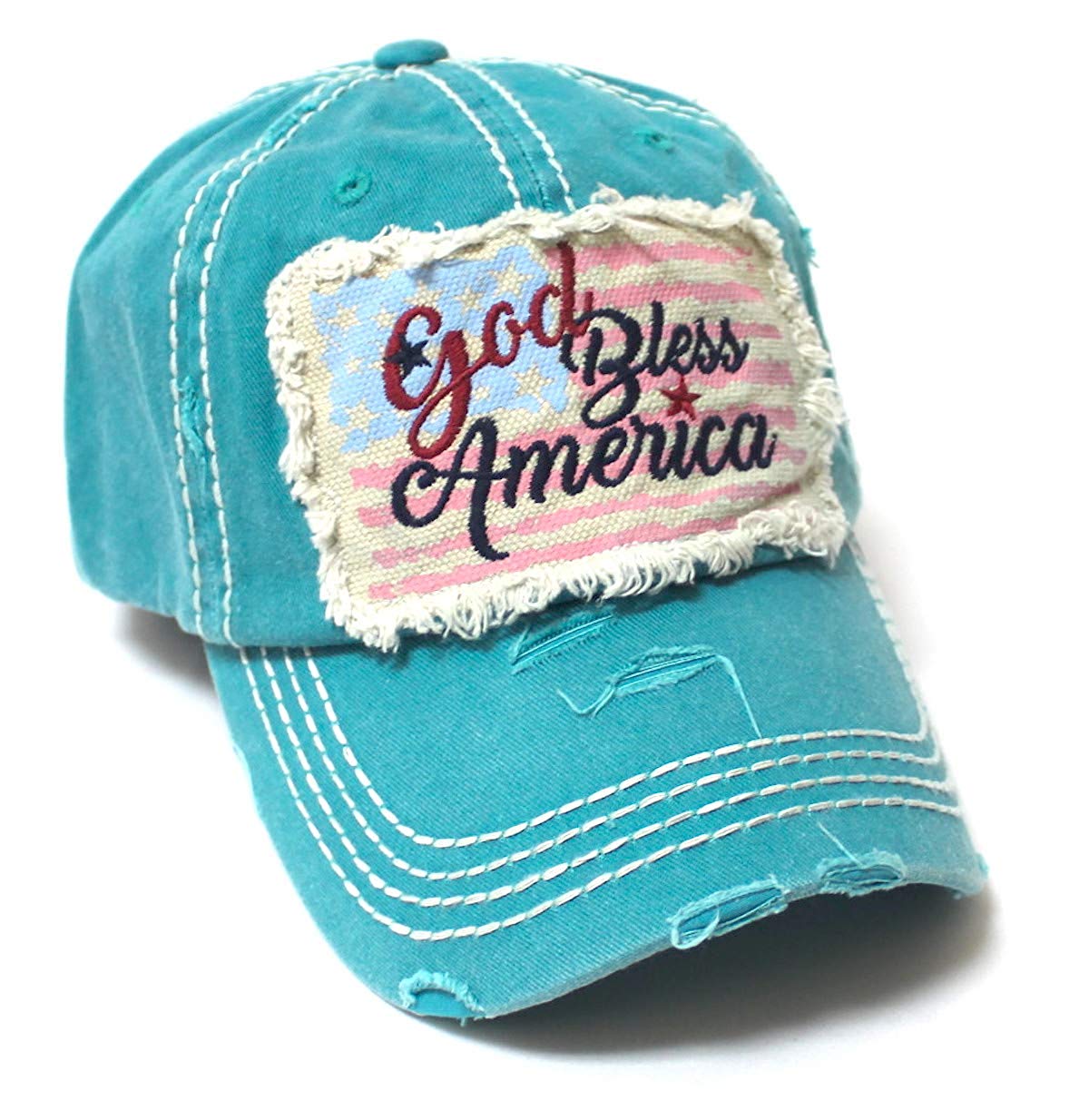 July 4 Celebratory USA Flag Patch God Bless America Embroidery Ballcap, Turquoise - Caps 'N Vintage 
