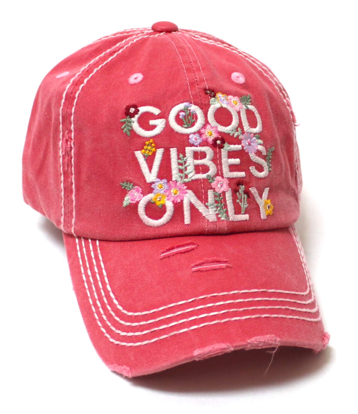 Women's Summer Ballcap Good Vibes Only Floral Monogram Embroidery Beach Hat, Rose Pink - Caps 'N Vintage 